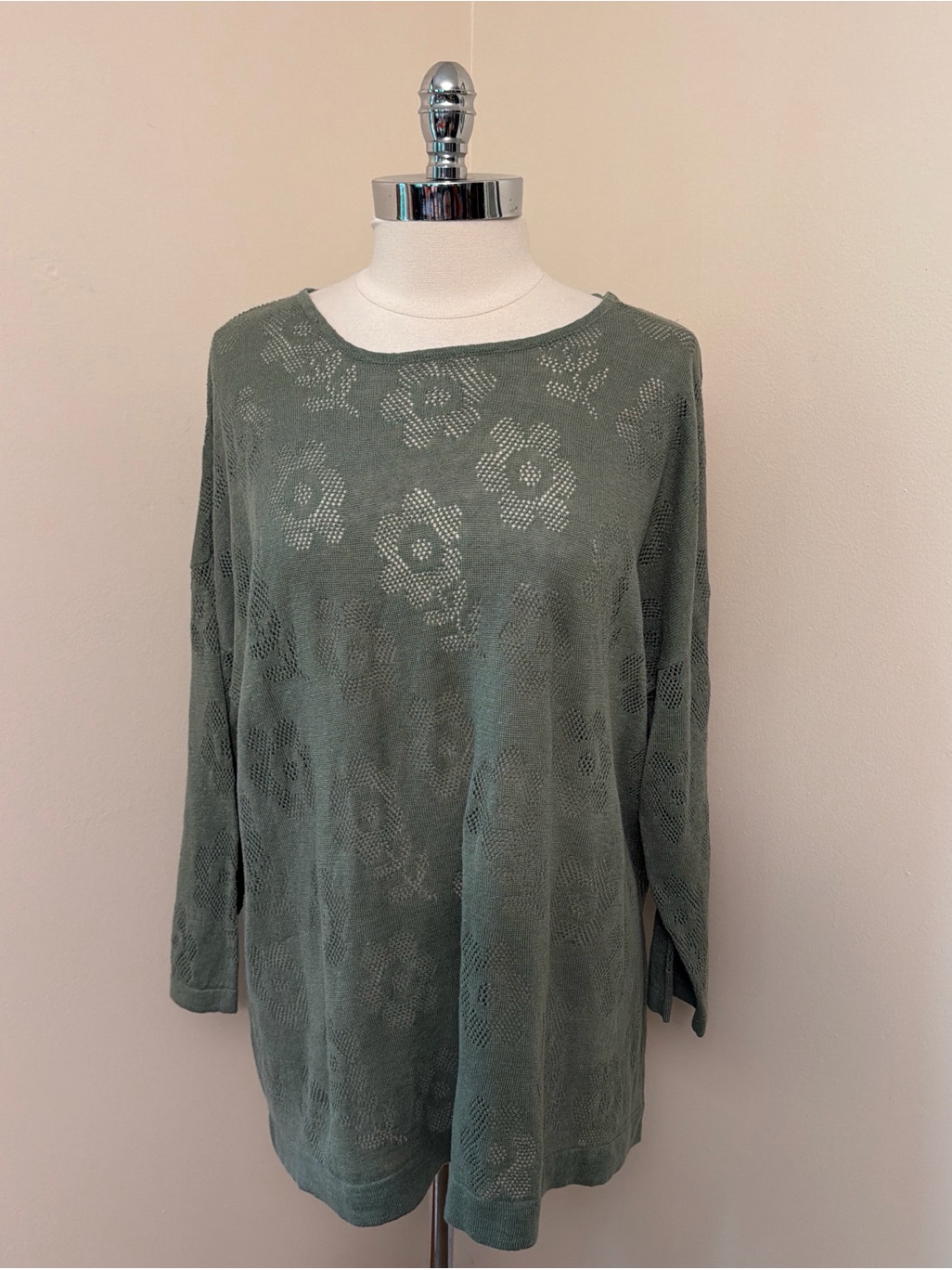 Gudrun Sjdn Sage Green Pointelle Flower Linen Sweater Xl